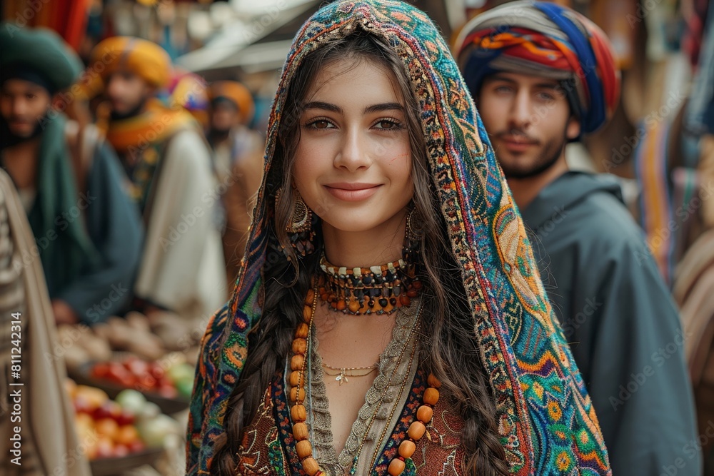 A group of diverse young people dressed in a mix of traditional and modern attire roaming a bustling city market Scene