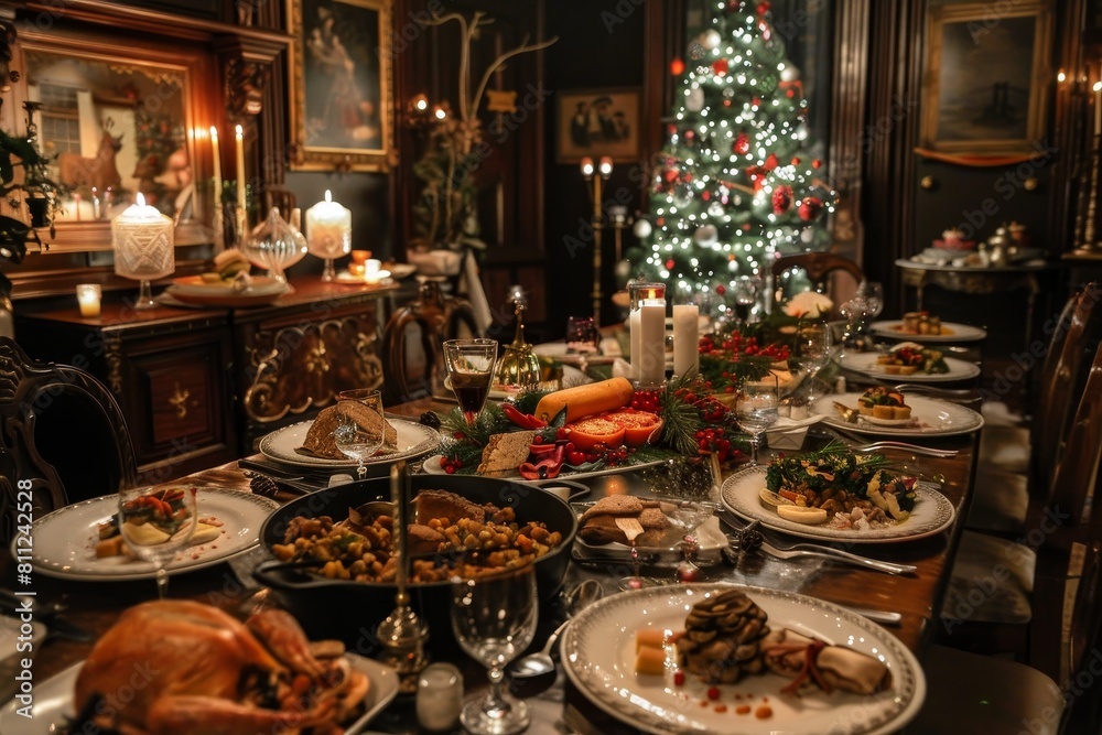 A dining room table set for a holiday celebration, with a Christmas tree in the background, A holiday dinner celebration with festive decorations, music, and plenty of food to go around A dining room table set for a holiday celebration, with a Christmas tree in the background, A holiday dinner celebration with festive decorations, music, and plenty of food to go around