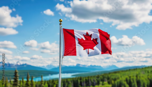 image of the Canada Civil Day holiday, the Canadian flag against the background of Canada's nature