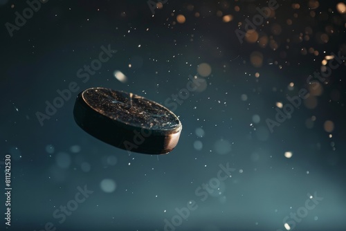 A hockey puck is suspended in mid-air, showcasing the physics of a powerful shot, A hockey puck flying through the air photo