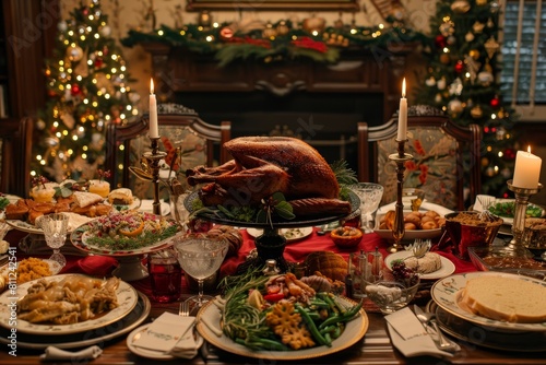 A table set for a holiday dinner, featuring a turkey surrounded by various delicious dishes, A holiday dinner celebration with festive decorations, music, and plenty of food to go around