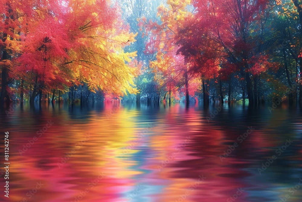 Autumn trees reflected in the lake,  Colorful autumn landscape
