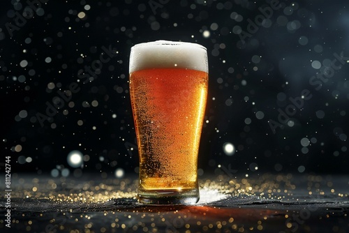 Glass of beer on a dark background with bokeh and snow