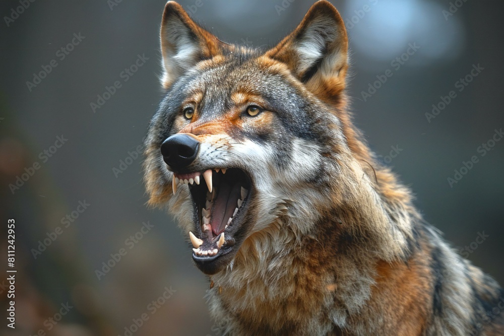 Portrait of a wild wolf with open mouth in the forest