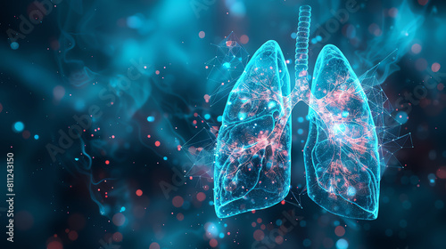 Digital art of human lungs with a futuristic and highly detailed visualization, highlighted with neon blue and sparkling effects on a dark background.