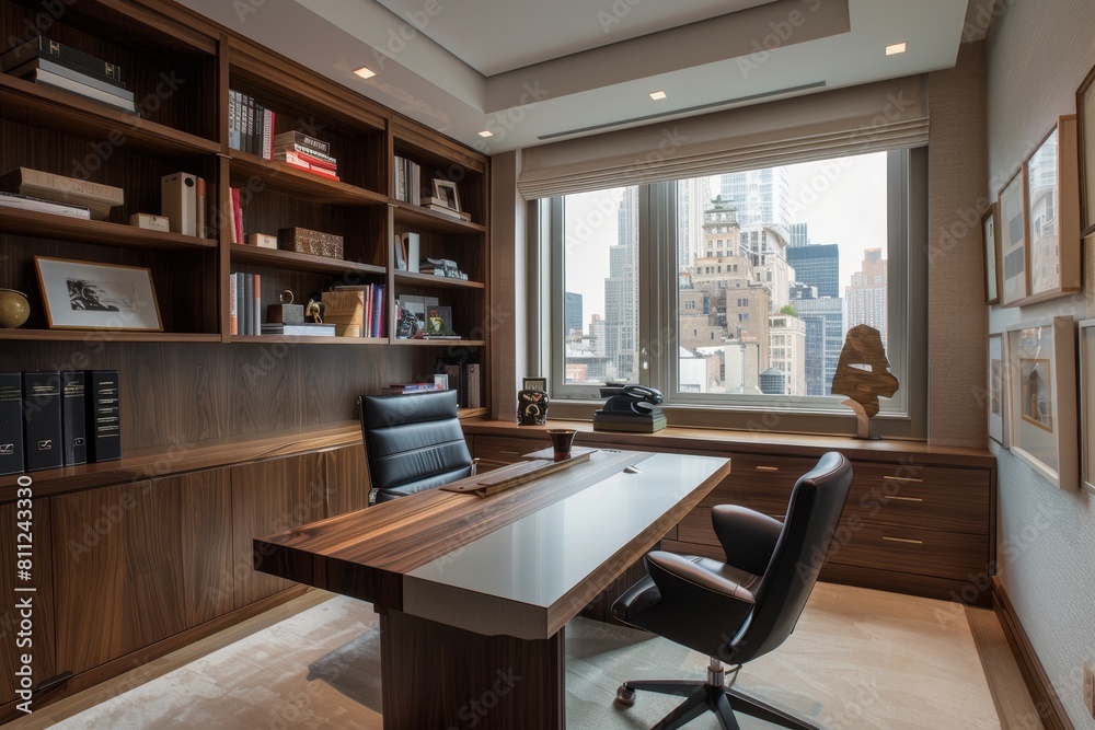 A modern home office furnished with a sleek desk and bookcases for storage and organization, A home office with a sleek desk and shelves lined with inspirational quotes A modern home office furnished with a sleek desk and bookcases for storage and organization, A home office with a sleek desk and shelves lined with inspirational quotes