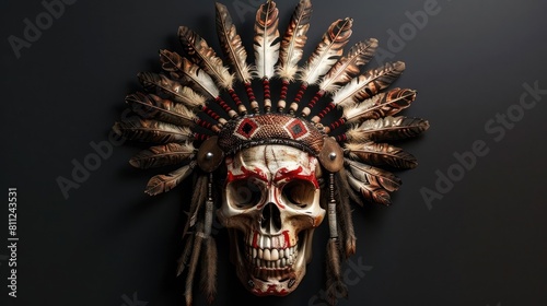 a skull wearing an indian headdress on black background realistic