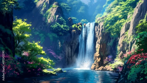 Animated background of waterfall flowing into a forest river in summer. looping time-lapse video photo