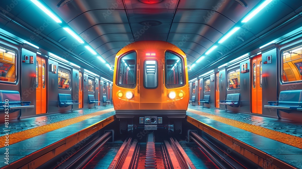 Futuristic Orange Train Arriving at a Neon-Lit Metro Station, Depicting Advanced Urban Transit