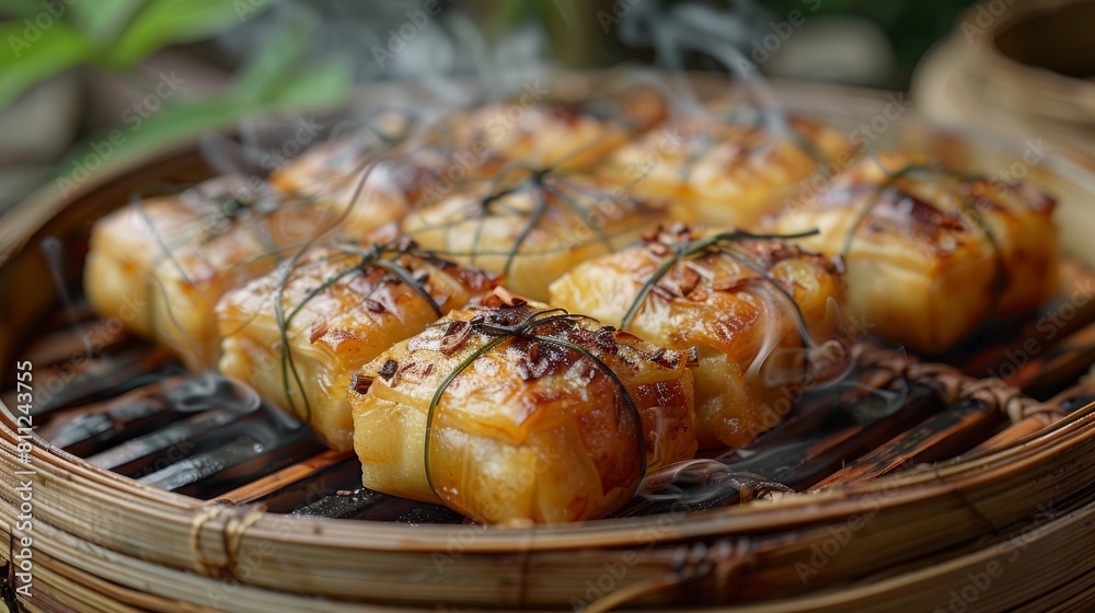 Delicious Zongzi Dish Steaming in Bamboo Basket for Dragon Boat Festival Delicious Zongzi Dish Steaming in Bamboo Basket for Dragon Boat Festival
