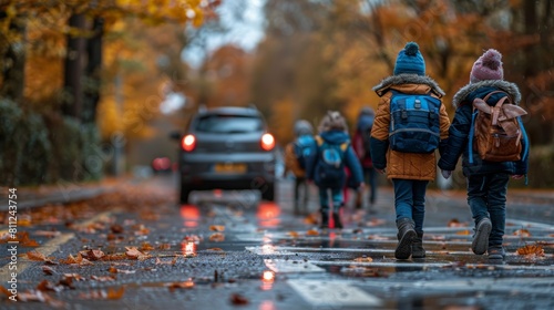 Wallpaper Mural Children Walking To School On Rainy Autumn Day, Backpacks and Colorful Leaves Torontodigital.ca