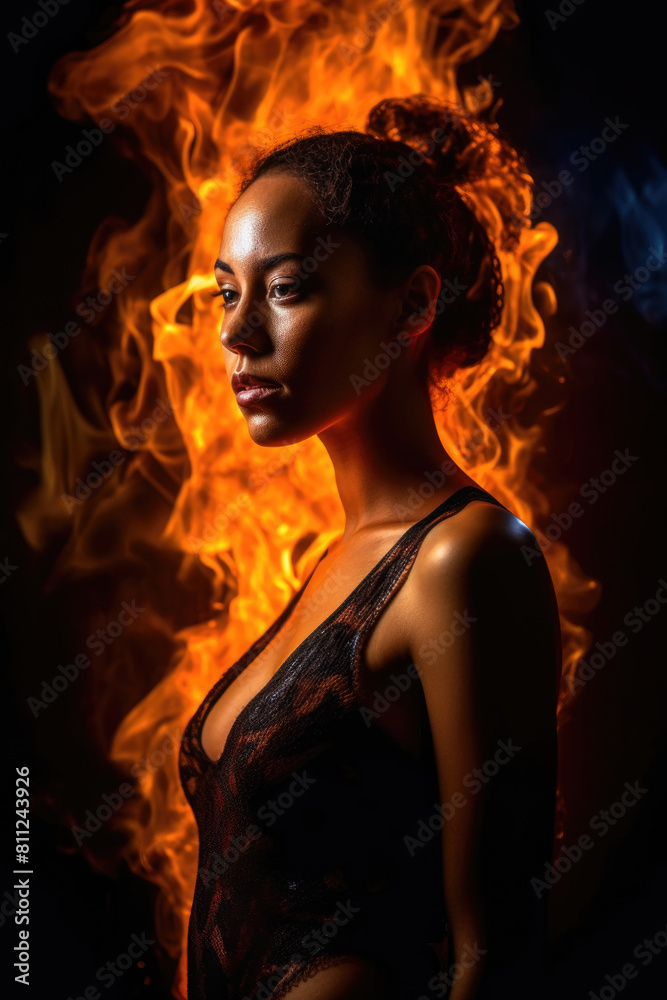 A woman is standing in front of a blazing fire, with flames illuminating her silhouette against the darkness