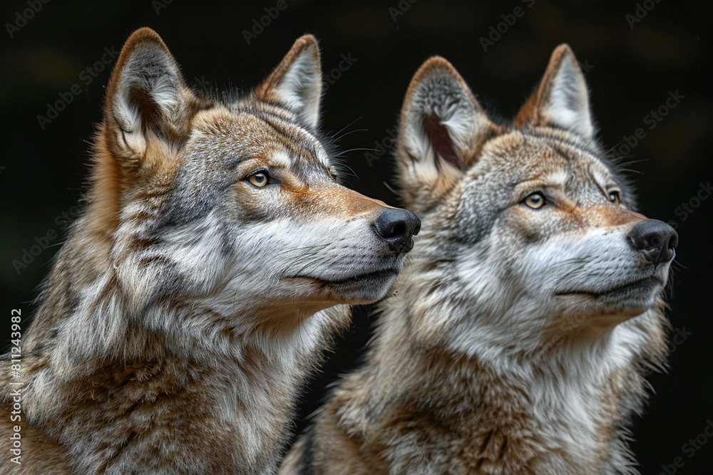 Two wolves looking at each other in the forest, close-up