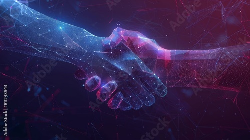 Abstract brothers handshake on pc monitor background. Online best deal or digital business. Low poly wireframe with polygons, particles, lines, and dots. hyper realistic 