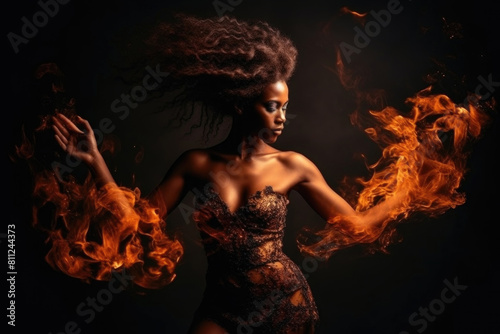 A woman in a dress standing amidst flames