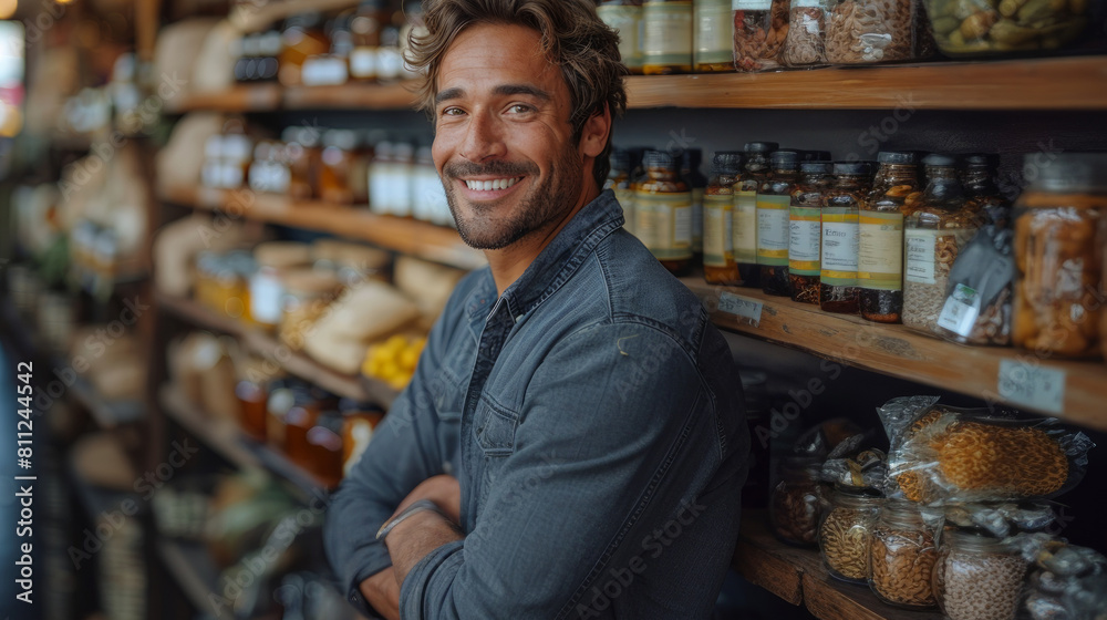 Handsome Man Smiling in Grocery Store Among Shelves Filled with Organic Products