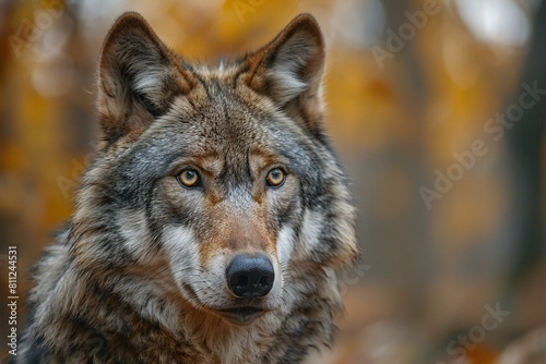 Portrait of a gray wolf in the autumn forest   Close-up
