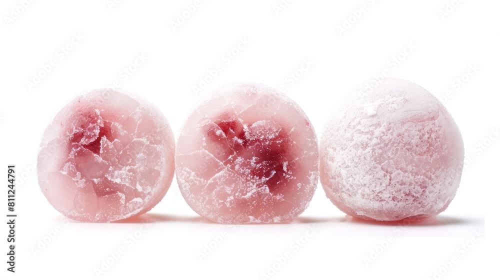 three pink isolated daifuku mochi with a frozen berry center, isolated on a white background, perfect for promotional material for frozen desserts or food packaging design. three pink isolated daifuku mochi with a frozen berry center, isolated on a white background, perfect for promotional material for frozen desserts or food packaging design.