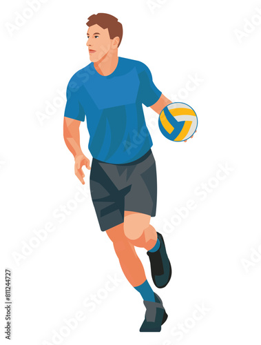 Volleyball player in a blue shirt runs with ball for throw it