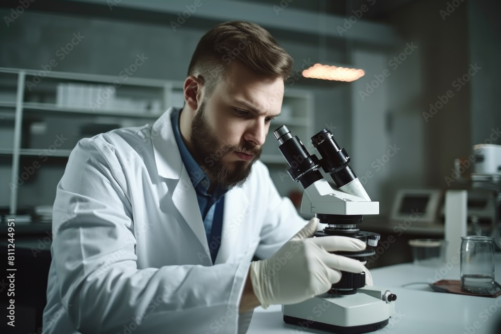 A man in a white lab coat is carefully peering through a microscope in a laboratory setting A man in a white lab coat is carefully peering through a microscope in a laboratory setting