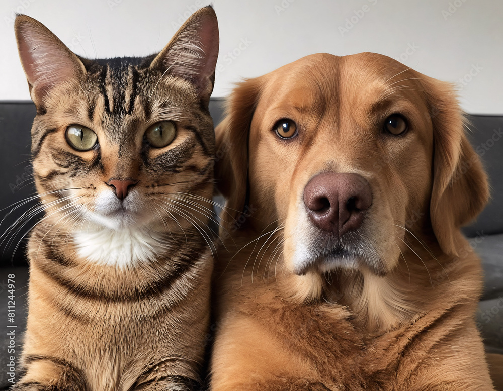 A domestic shorthaired cat and a dog sit next to each other on a couch A domestic shorthaired cat and a dog sit next to each other on a couch