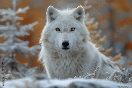 Portrait of a white wolf in the winter forest,  The wolf looks at the camera photo