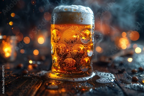 Glass of beer with foam on a wooden table with defocused lights