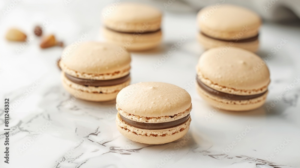 French dessert macarons on a white marble surface French dessert macarons on a white marble surface