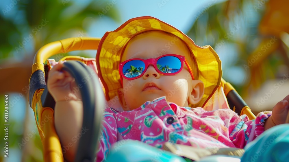 Adorable baby wearing colorful clothes and sunglasses sitting a stroller in tropical resort on sunny day. Going on vacations with small children. hyper realistic 