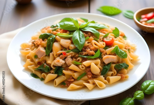 A white plate of stir-fried pasta with basil leaves, garnished with red chili peppers