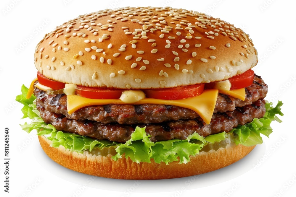 A hamburger with a juicy beef patty, melted cheese, and fresh lettuce on a sesame seed bun, A juicy beef patty nestled between two fluffy sesame seed buns, topped with melted cheese and crisp lettuce A hamburger with a juicy beef patty, melted cheese, and fresh lettuce on a sesame seed bun, A juicy beef patty nestled between two fluffy sesame seed buns, topped with melted cheese and crisp lettuce