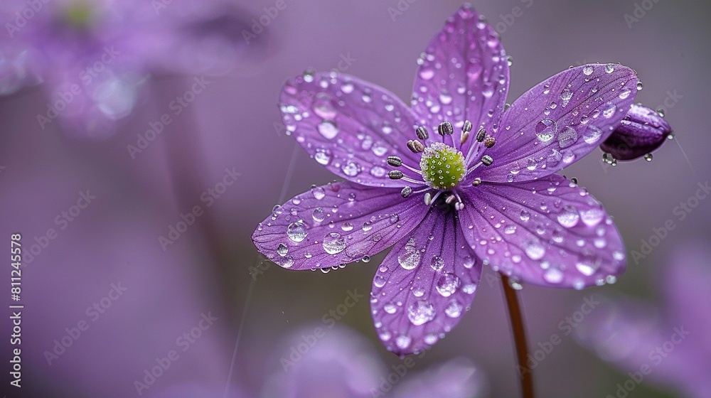   A macro shot of a royal purple bloom adorned with droplets and a nearby insect