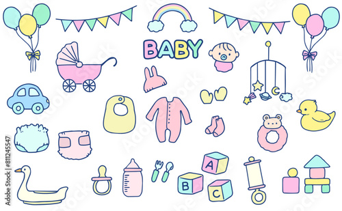かわいい手描きのベビー用品イラストのセット