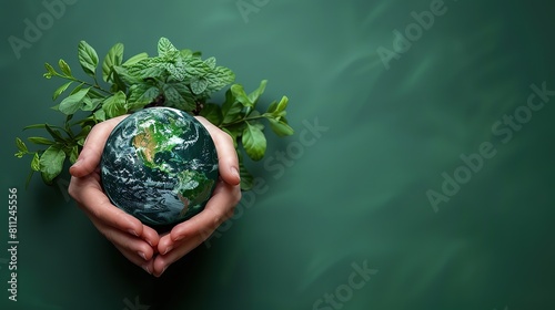 Hands delicately cradling a miniature Earth against a vibrant clear green natural backdrop, reinforcing themes of environmental care and global consciousness, Generative Ai