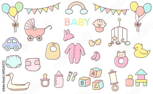 かわいい手描きのベビー用品イラストのセット