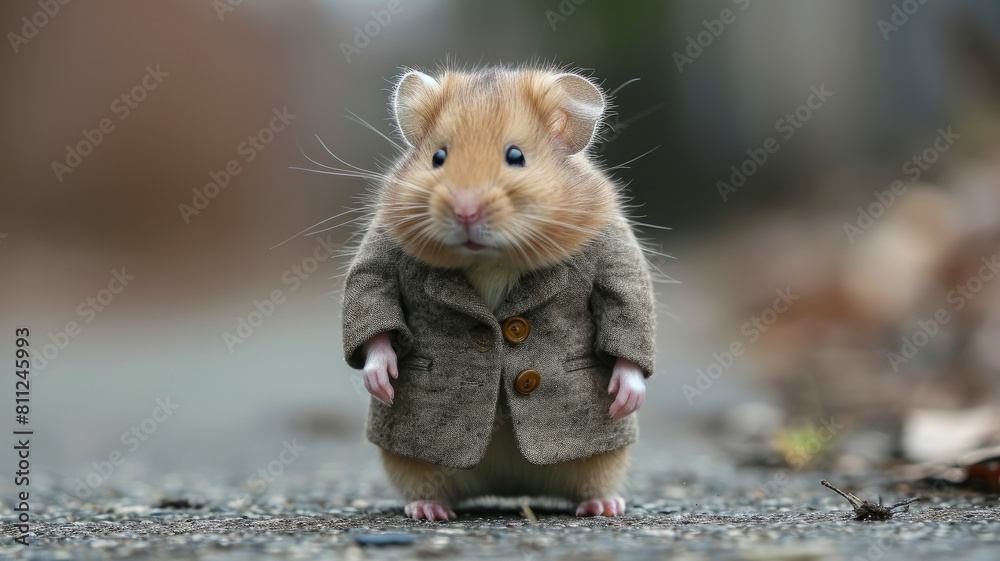 Stylish hamster navigates city streets with tailored finesse, embodying street style.
