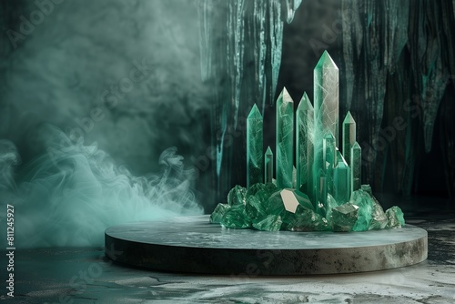 Realistic abstract 3d catwalk with green crystals for product presentation. An empty showcase is a pedestal for demonstrating a product. Dark background. © Ekaterina Chemakina