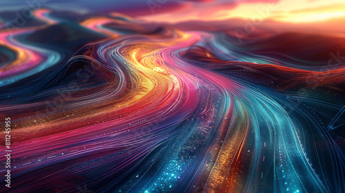 Twisting 3D roads in a surreal landscape, leader pointing forward, vibrant colors. Generative AI.