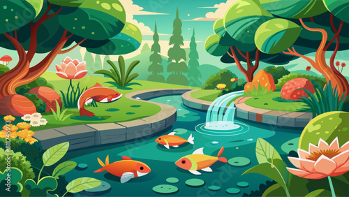 A painting of a river with a waterfall and a few fish swimming in it. The mood of the painting is peaceful and serene