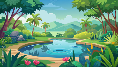 A beautiful  lush green forest with a small pond in the middle. The pond is surrounded by trees and plants  and the water is calm and still. The scene is peaceful and serene