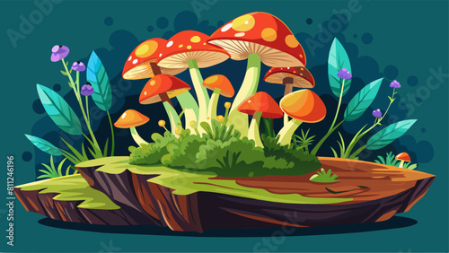 A group of mushrooms are growing on a rock in a forest. The mushrooms are orange and white, and there are several of them. The scene is peaceful and serene, with the mushrooms