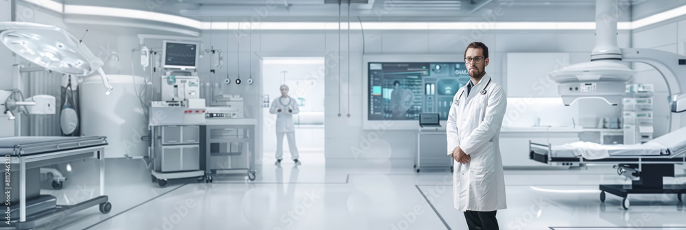 A man in a white lab coat stands in a room brimming with various medical equipment A man in a white lab coat stands in a room brimming with various medical equipment