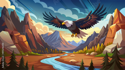 A majestic eagle is flying over a mountain range with a river below. The scene is serene and peaceful, with the eagle soaring high above the landscape