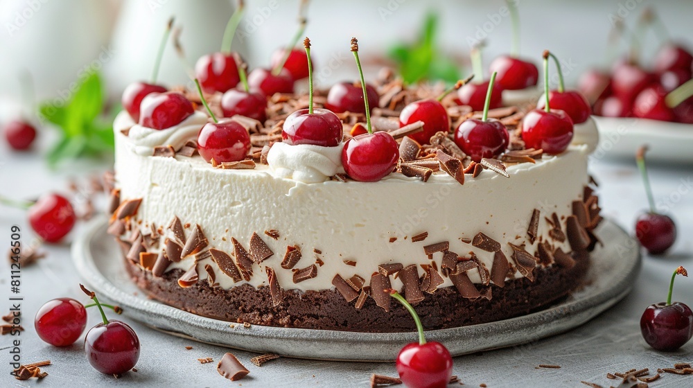 A high-resolution photo of a close-up cake on a plate, adorned with fresh cherries on top and rich chocolate sprinkles at the bottom A high-resolution photo of a close-up cake on a plate, adorned with fresh cherries on top and rich chocolate sprinkles at the bottom