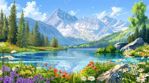Beautiful landscape vector illustration. Beautiful landscape of mountains  mountain lake  forests and meadows with flowers. Beautiful landscape for printing. hyper realistic 