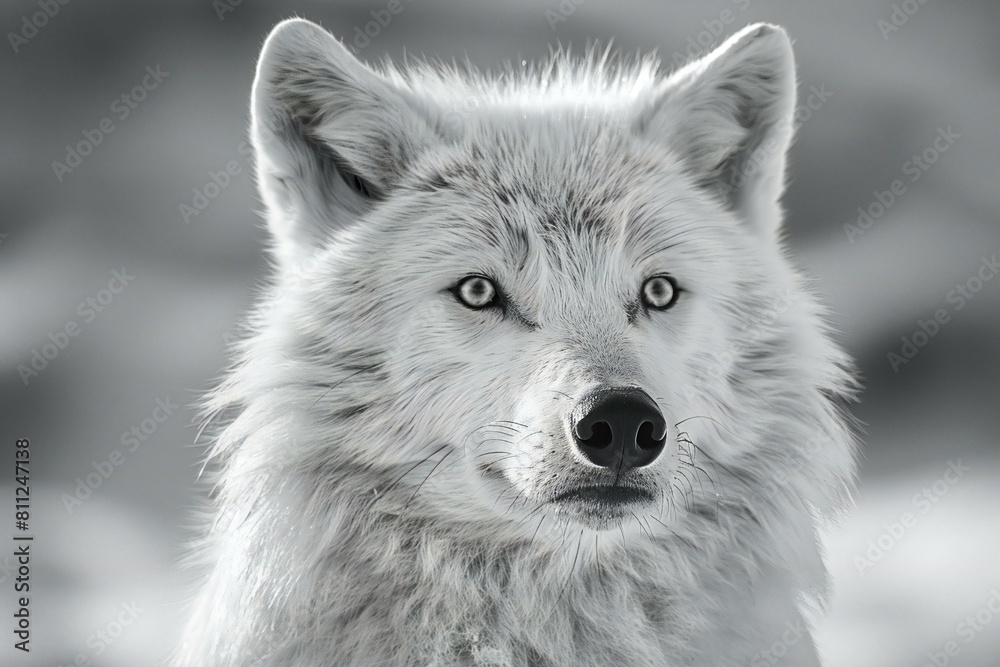 Portrait of a white wolf on the background of the winter landscape