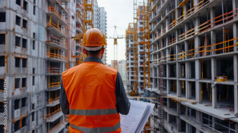 Construction site supervisor in hard hat overseeing project with blueprints on site Construction site supervisor in hard hat overseeing project with blueprints on site