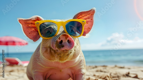 a cute pig wearing glasses pig summer fashion, A funny pig is relaxing on a sea resort beach and drinking a cocktail. Generative Ai 