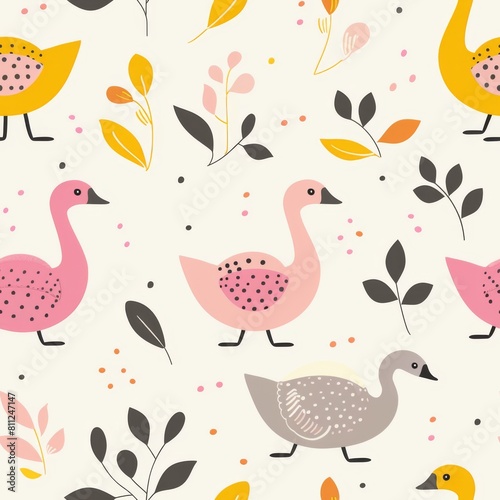 cute retro children theme pattern with goose  pink and yellow colors . ai generated