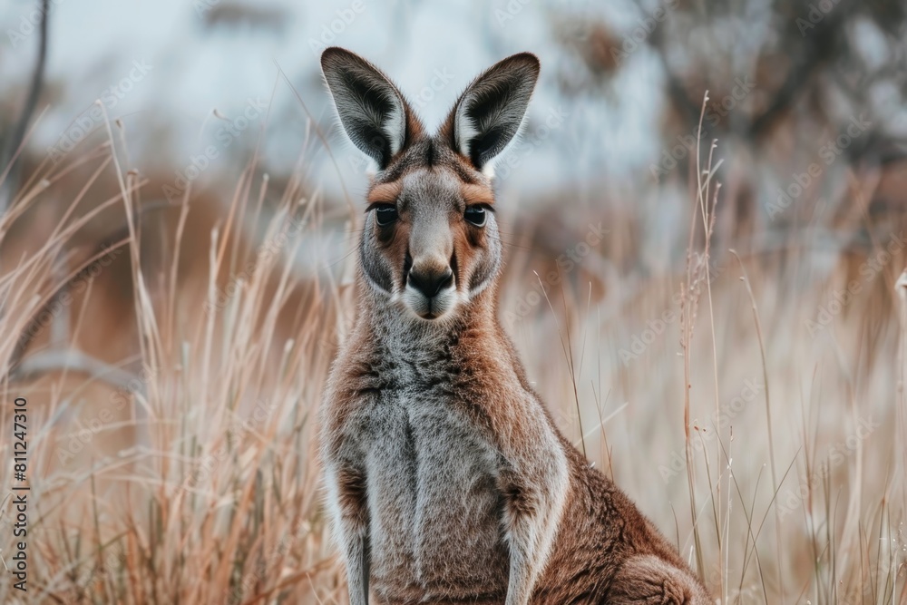 Fototapeta premium A kangaroo is seated amidst tall grass in the Outback, A kangaroo standing majestically in the Outback